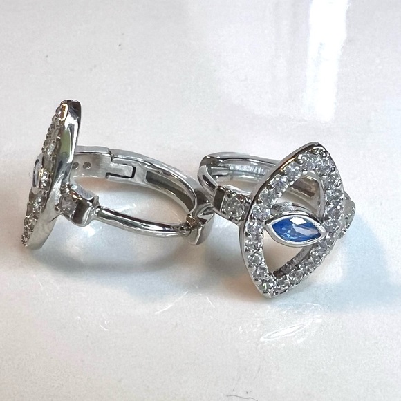 Blue Crystal Eye Tiny Round Hoop Earrings - Picture 5 of 8